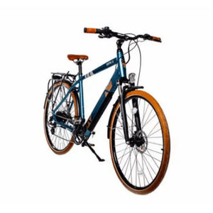Front angled view of the Batribike Vista X electric hybrid bike in blue, featuring a 250W motor, brown saddle, and rear luggage rack.