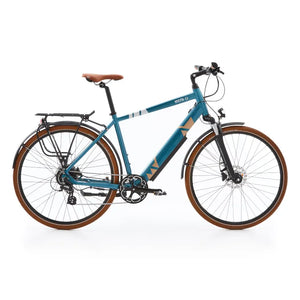 Side view of the Batribike Vista X electric hybrid bike in blue, featuring a 250W motor, brown saddle, and rear luggage rack.