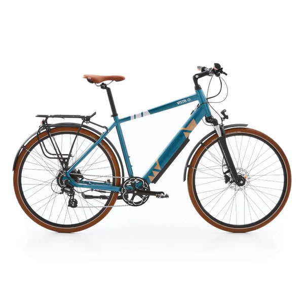 Side view of the Batribike Vista X electric hybrid bike in blue, featuring a 250W motor, brown saddle, and rear luggage rack.