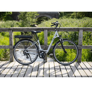Lifestyle image of the Batribike Zeta Classic Danish-style step-through electric bike with a 250W motor, rear pannier rack, and upright riding position.