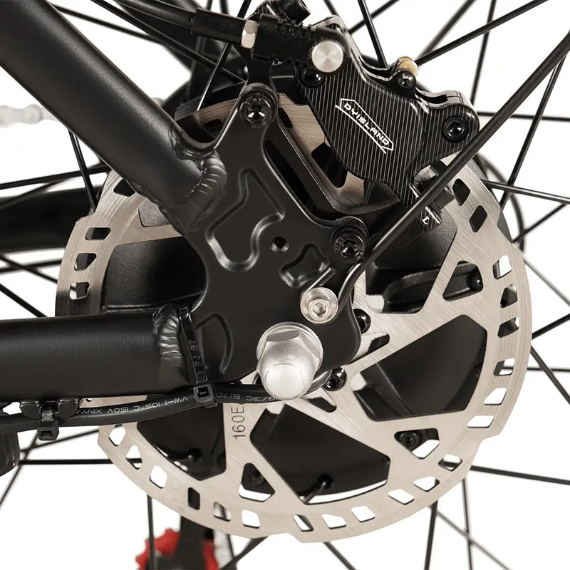 Close-up view of the rear disc brake system on the Big Game Bikes Buffalo electric mountain bike.