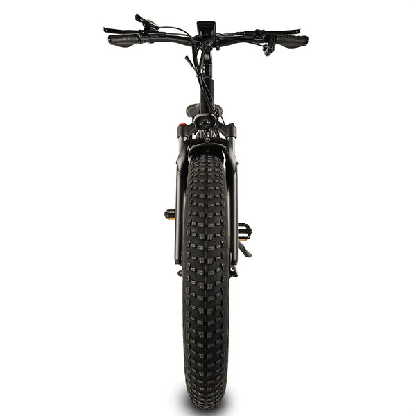 Front-facing view of the Big Game Bikes Buffalo electric bike showcasing its rugged fat front tyre.