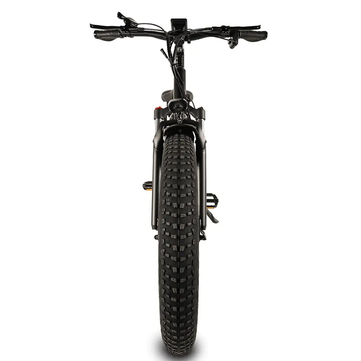 Front-facing view of the Big Game Bikes Buffalo electric bike showcasing its rugged fat front tyre.