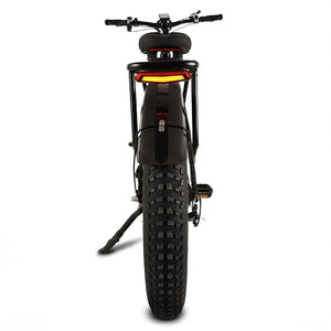 Rear view of the Big Game Bikes Buffalo electric bike highlighting the fat rear tyre, LED tail light, and rear cargo rack.