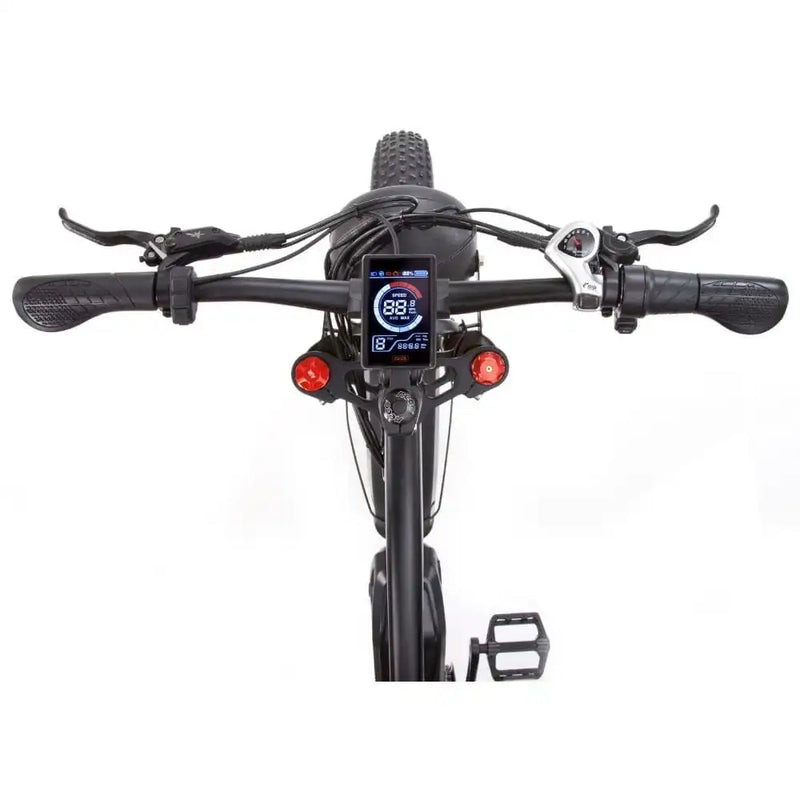Top view of the Big Game Bikes Buffalo Alpha Plus handlebar showing digital LCD display, gear shifter, and ergonomic grips.