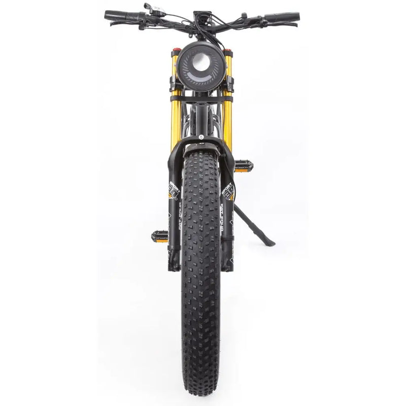 Front view of the Big Game Bikes Buffalo Alpha Plus electric bike showcasing wide tyre, headlight, and suspension fork.