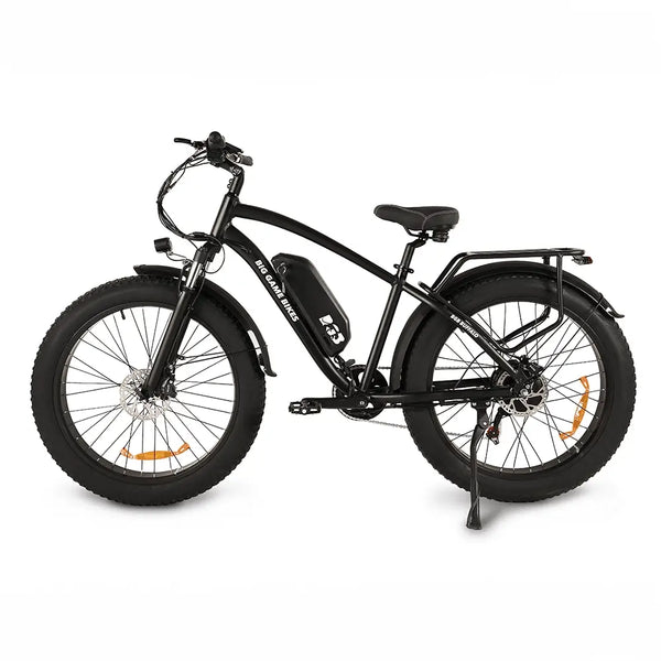 Left-side view of the Big Game Bikes Buffalo Mountain electric fat tyre bike with CST BFT 26x4.0 tyres and rear carrier.