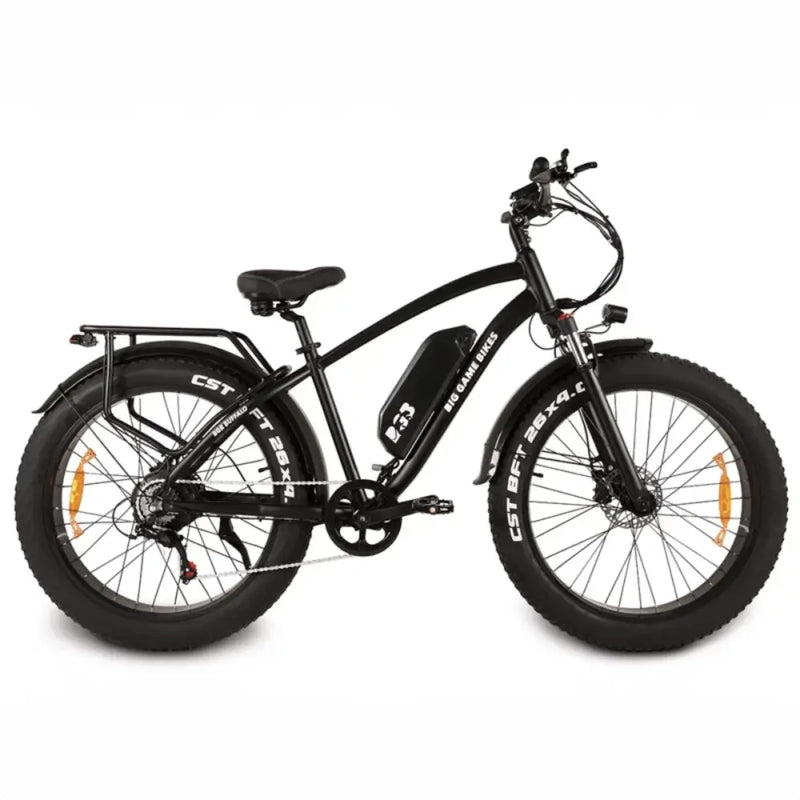 Right side view of the Big Game Bikes Buffalo Mountain electric bike with fat tyres and a step-over frame.