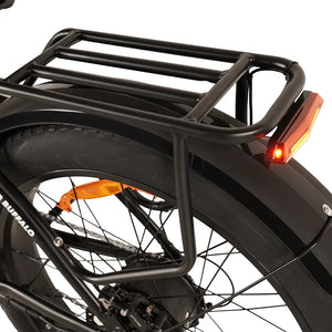 Close-up of the Big Game Bikes Buffalo electric bike’s rear rack and LED tail light above the fat tyre.