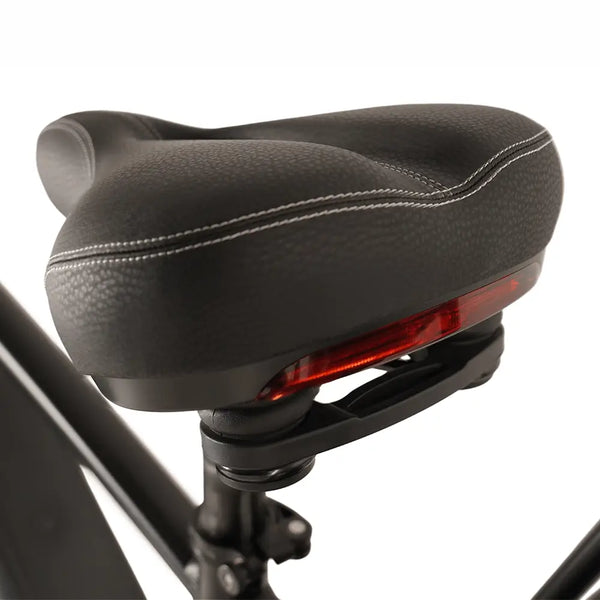 Detail shot of the Big Game Bikes Buffalo Mountain Electric Bike's cushioned saddle with integrated rear light.
