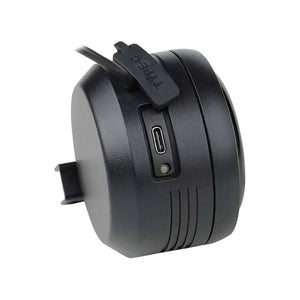 Big Game Bikes 125dB electric bike horn showing USB-C charging port with cable slot.