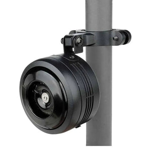 Big Game Bikes 125dB electric bike horn mounted securely on vertical bike frame tube.