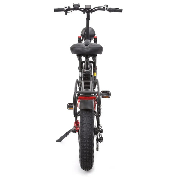Straight rear view of the Big Game Bikes Impala Alpha Plus electric bike with wide off-road tyre, rack, and red details.