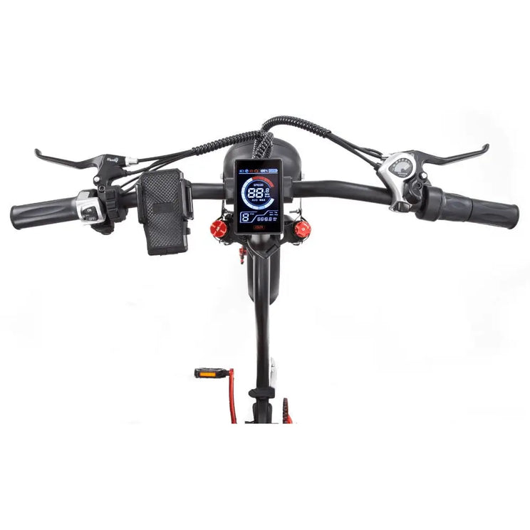 Handlebar view of the Big Game Bikes Impala Alpha Plus showing the colour LCD display with speed, battery, and control features.