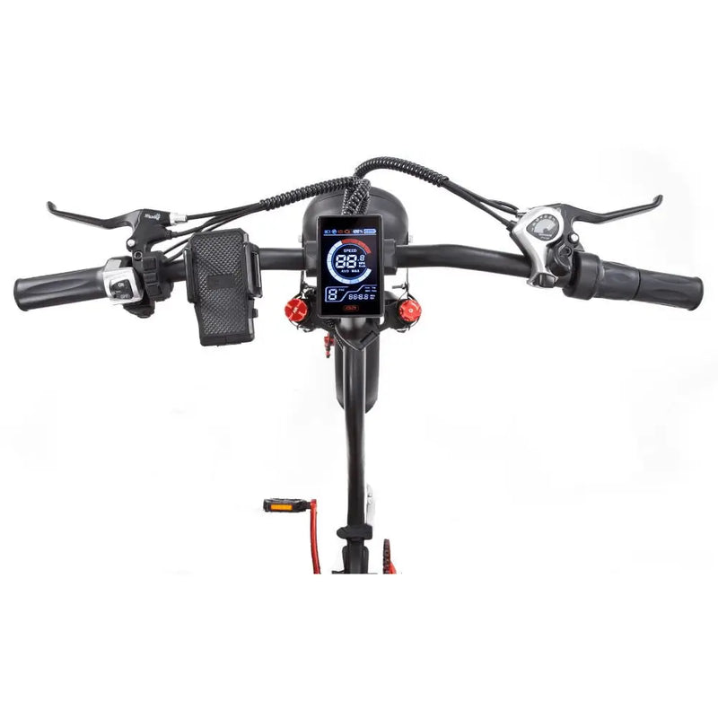 Handlebar view of the Big Game Bikes Impala Alpha Plus showing the colour LCD display with speed, battery, and control features.