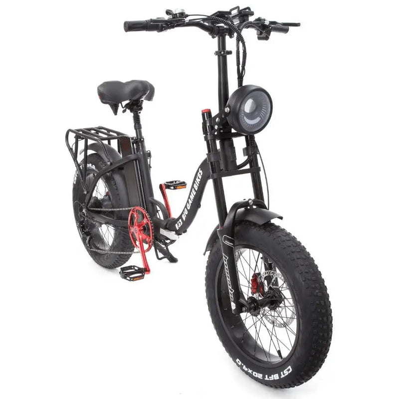 Angled front view of the Big Game Bikes Impala Alpha Plus folding electric bike with large headlight and fat tyres.