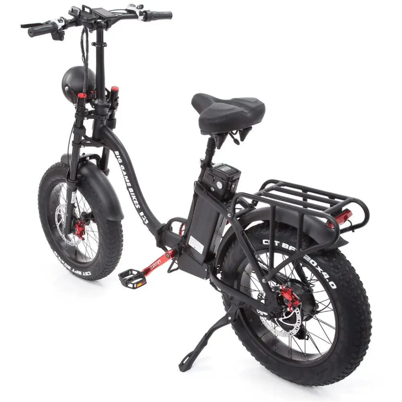 Rear angle view of the Big Game Bikes Impala Alpha Plus folding electric bike with rear rack, fat tyres, and red accents.