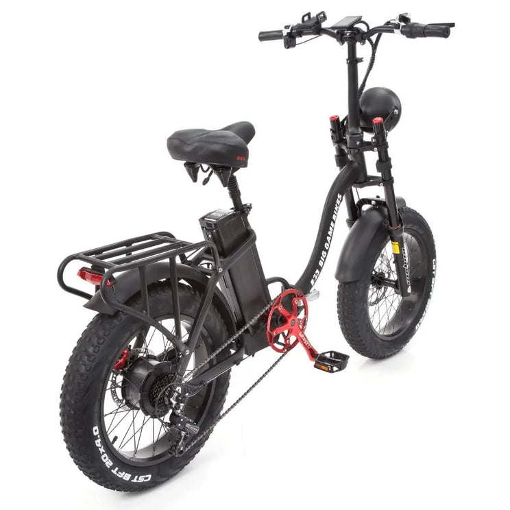 Rear-side view of the Big Game Bikes Impala Alpha Plus folding electric bike with fat tyres and red crankset.