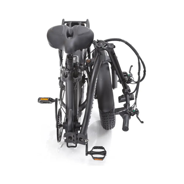Front-facing view of the Big Game Bikes Impala e-bike in folded position, showing compact portability and fat tyres.