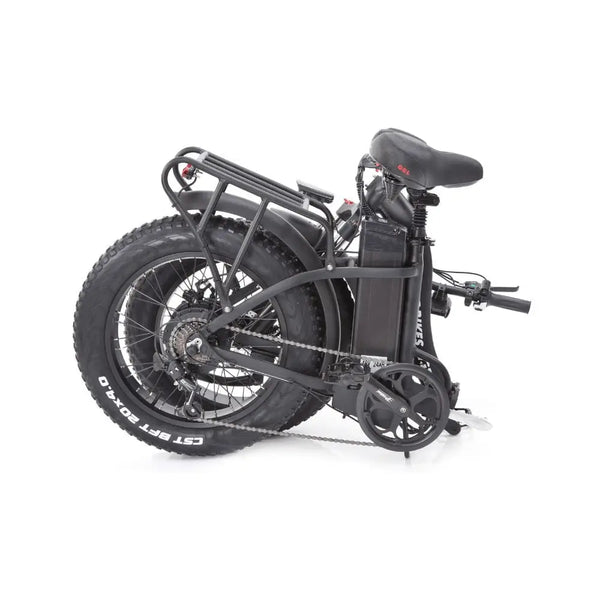 Folded view of the Big Game Bikes Impala electric bike, showcasing its compact design and portability.