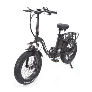 Angled front view of the Big Game Bikes Impala electric bike highlighting the step-through design and rugged tyres.