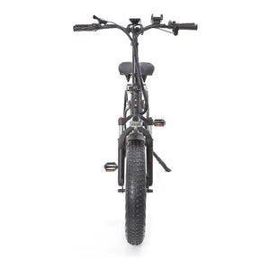 Front view of the Big Game Bikes Impala folding fat tyre e-bike with upright handlebars and wide off-road tyre.