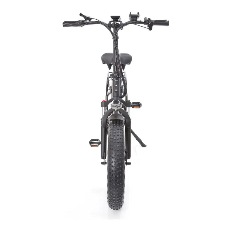 Front view of the Big Game Bikes Impala folding fat tyre e-bike with upright handlebars and wide off-road tyre.