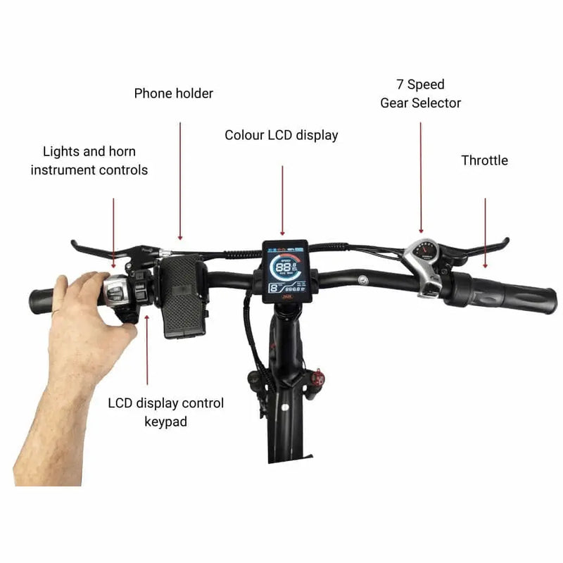 Detailed view of the Big Game Bikes Impala handlebar setup, showing labelled controls including phone holder, LCD display, gear selector, and throttle.