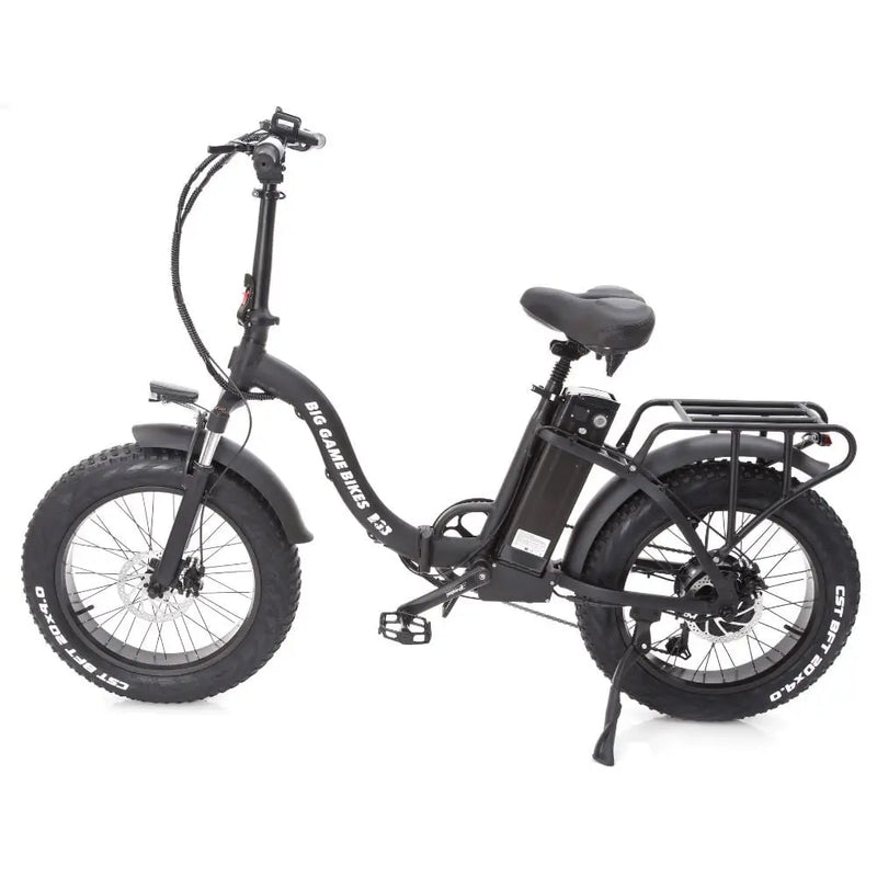 Left side view of the Big Game Bikes Impala folding electric bike with step-through frame, rear rack, and fat tyres.