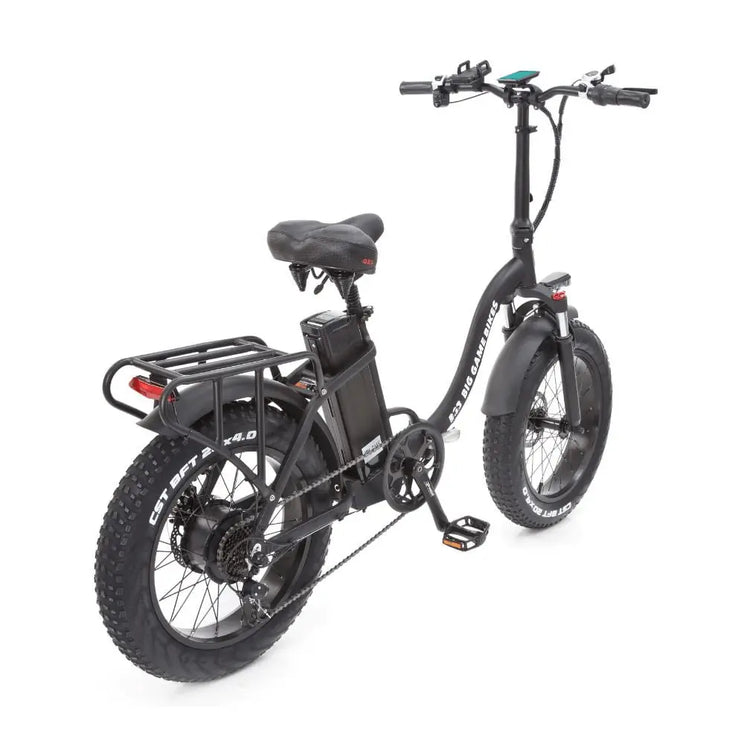 Rear-side view of the Big Game Bikes Impala e-bike showing wide tyres, rear carrier, and upright riding posture.