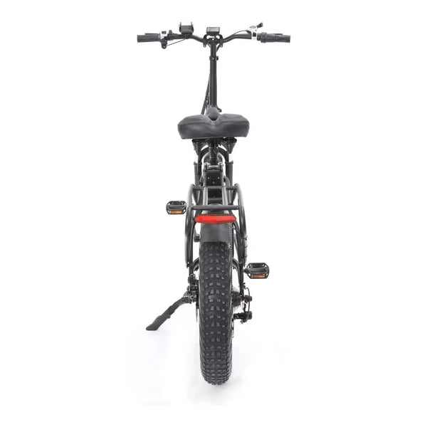 Rear view of the Big Game Bikes Impala folding electric bike showing the wide tyre tread, tail light, and rear rack.