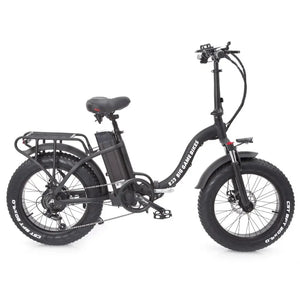 Right side view of the Big Game Bikes Impala folding electric bike with step-through frame, rear rack, and fat tyres.