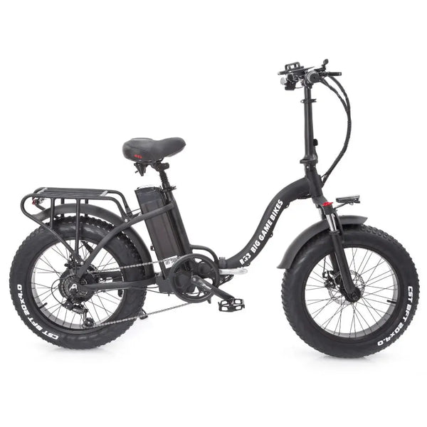 Right side view of the Big Game Bikes Impala folding electric bike with step-through frame, rear rack, and fat tyres.