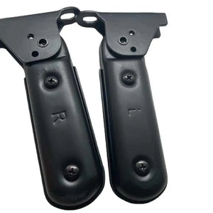 Pair of black Big Game Bikes rear passenger foot pegs, clearly marked Left and Right for easy installation.