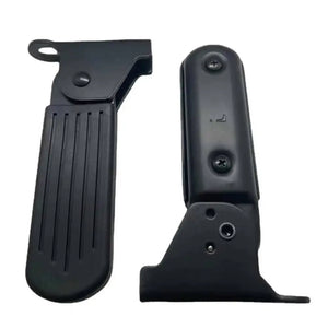 Heavy-duty foldable bicycle rear foot pegs shown in open and closed positions, featuring a non-slip rubber grip surface.