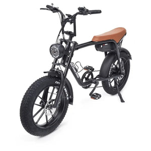 Angled front view of the Big Game Bikes Warthog cruiser e-bike showing headlight, wide tyres, and side-mounted kickstand.