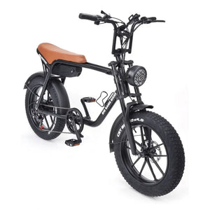 Front angled view of the Big Game Bikes Warthog electric cruiser bike with extra wide tyres and long saddle for off-road comfort.