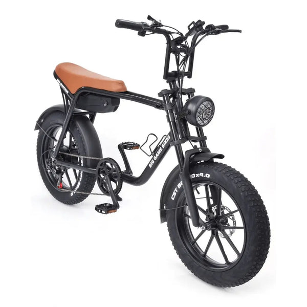 Front angled view of the Big Game Bikes Warthog electric cruiser bike with extra wide tyres and long saddle for off-road comfort.