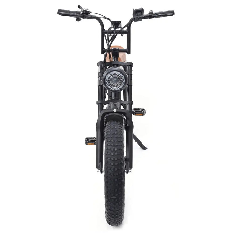 Frontal view of the Big Game Bikes Warthog showing its LED headlight and rugged front tyre.