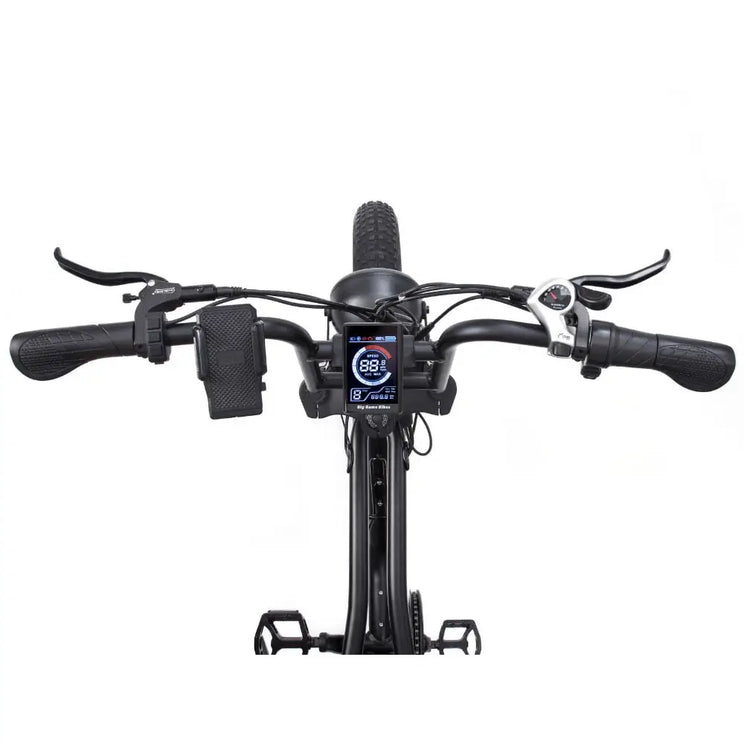 Handlebar view of the Big Game Bikes Warthog fat tyre electric bike with digital display and controls.