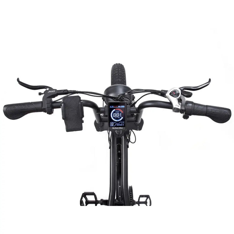 Handlebar view of the Big Game Bikes Warthog fat tyre electric bike with digital display and controls.