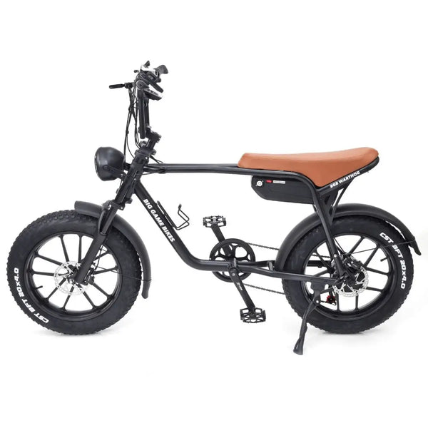 Left side view of the Big Game Bikes Warthog fat tyre cruiser electric bike with long saddle and 20x4.0 CST tyres.