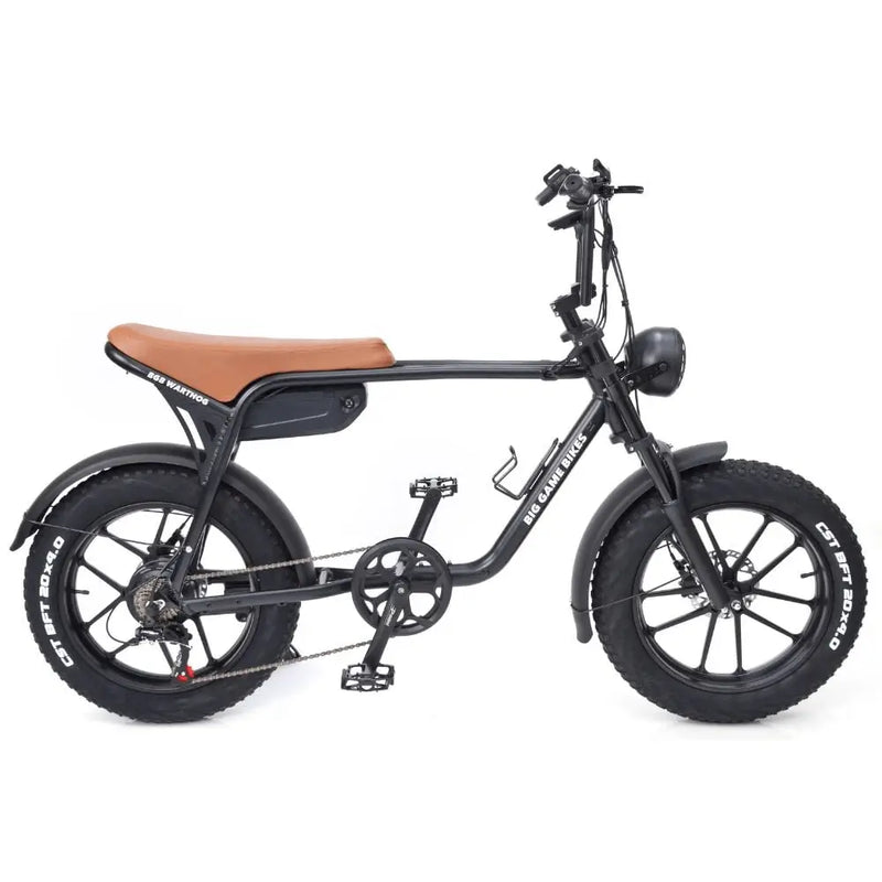 Right side view of the Big Game Bikes Warthog fat tyre cruiser electric bike with long saddle and 20x4.0 CST tyres.