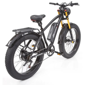 Rear-side view of the Big Game Bikes Buffalo Alpha Plus electric mountain bike with fat tyres and rear rack for off-road riding.