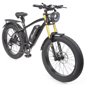 Front angle of the Big Game Bikes Buffalo Alpha Plus electric fat bike with front suspension and powerful headlight for trail use.