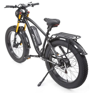 Side view of the Big Game Bikes Buffalo Alpha Plus e-bike featuring a kickstand, rear rack, and fat tyres for rugged terrain.