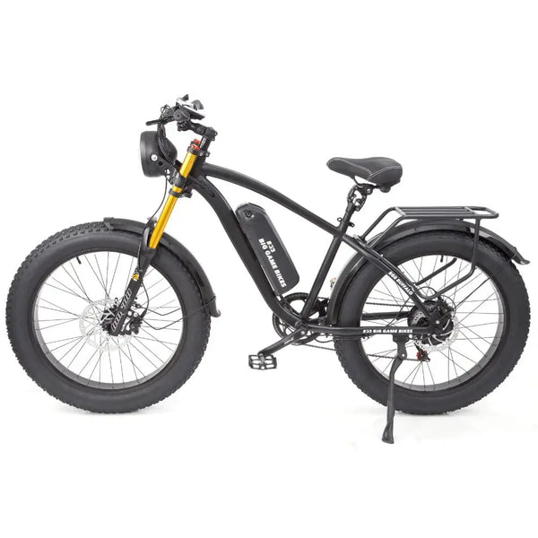Full side profile of the Big Game Bikes Buffalo Alpha Plus electric mountain bike showcasing fat tyres, rear rack, and upright geometry.
