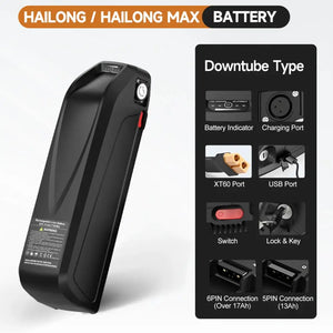 Close-up of the Hailong eBike battery downtube type, highlighting features like the XT60 Port, USB Port, lock and key, and charging port.