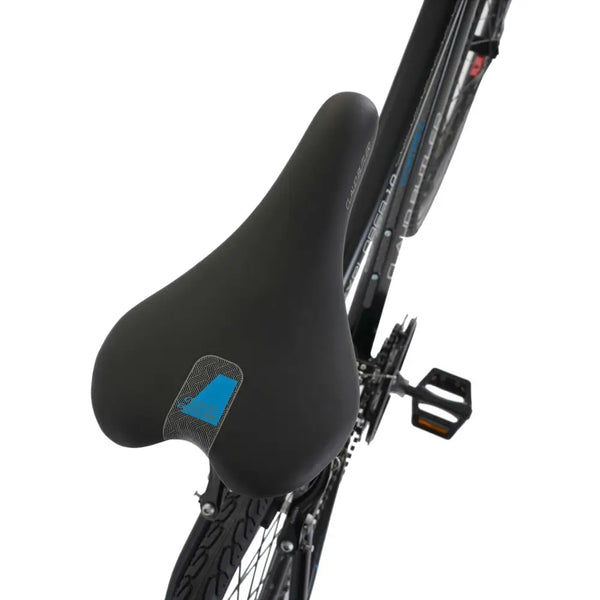 Overhead view of the comfortable, ergonomic saddle on the Claud Butler Explorer 1.0 hybrid bike.