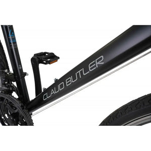 Detailed shot of the CLAUD BUTLER logo on the downtube of the Explorer 1.0 hybrid bike.